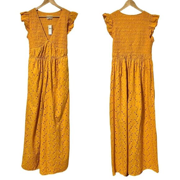 Anthropologie Peregrine Eyelet Wide Leg Jumpsuit Size M TALL Yellow Smocked NEW - Picture 2 of 10